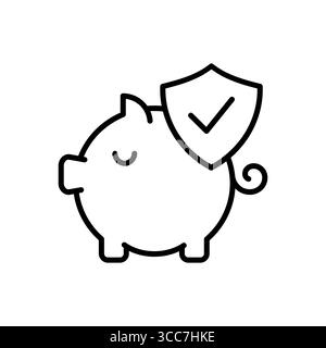 Piggy bank and a shield line icon. Secure savings sign. Safe investments, money protection, and guaranteed return policies. Secure refunds on purchase Stock Vector