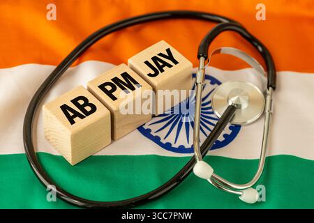 The AB PM-JAY symbol. An Indian healthcare program that provides health insurance to underprivileged families. Medical concept, medical and specialist Stock Photo