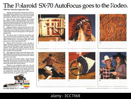 1981 Polaroid SX-70 Land camera ad, Autofocus goes to rodeo Stock Photo