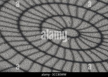 Black and white photo of a shadow of many concentric circles on a grey sponge as background Stock Photo