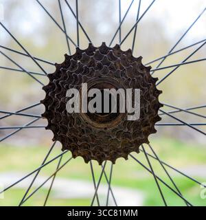 The hub and spokes on a bicycle wheel. Wheel is not on a bike. Closeup view with bright background. Stock Photo