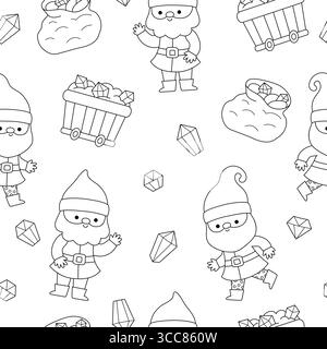 Vector black and white dwarf seamless pattern. Cute gnome repeat background. Fairytale character digital paper or coloring page. Magic creature textur Stock Vector