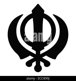 Khanda, symbol of Sikhism. Simple, stylized black and white icon. Vector clipart illustration. Stock Vector