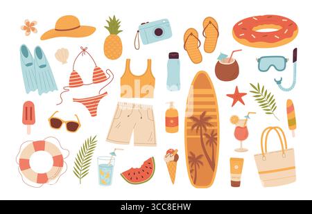 Cartoon summer beach stuff vector illustration. Summertime items. Vacation accessory for sea holidays. Surfboard, snorkeling mask, slippers, ice cream Stock Vector