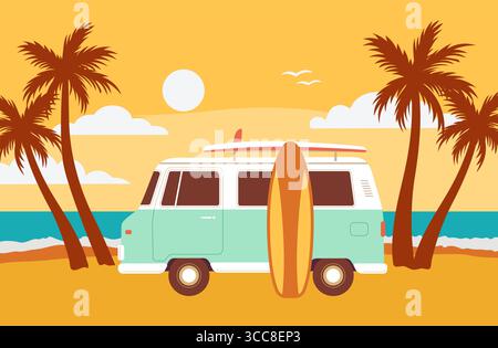 Retro mini van with a surfboard on the beach vector illustration. Summer sea landscape with palm tree. Vacation concept Stock Vector