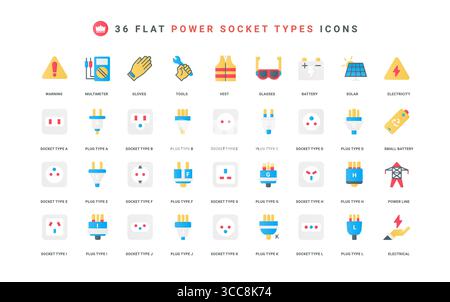 Power socket types, world standards for outlets, safety gear of electrician, electricity color icon set. Plug cord and adapter, charge battery, warning sign flat elements vector illustration Stock Vector