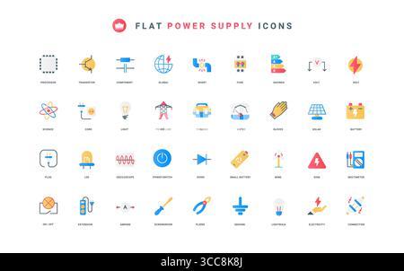 Plug on wire and adapter, European American socket thin symbols vector illustration. Power socket types for electric energy charging, different country standards flat icon set Stock Vector