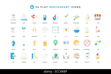 Restaurant and bar, food delivery, meals and wine menu, cutlery color icon set. Call waiter with bell, lunch order in mobile app, cafe location and warning signs flat elements vector illustration Stock Vector