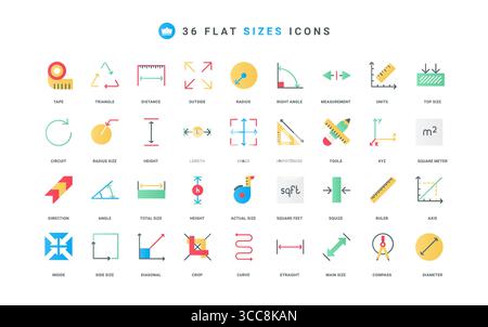 Size and room space, capacity and surface measure with inside and out dimension arrows, tools color icon set. Square meter and diameter, radius flat elements vector illustration Stock Vector