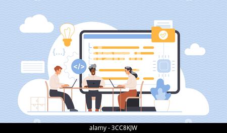 A diverse team of software developers is working collaboratively on a project. A large screen displays code, design elements, and files, symbolizing teamwork, innovation, and development. Stock Vector