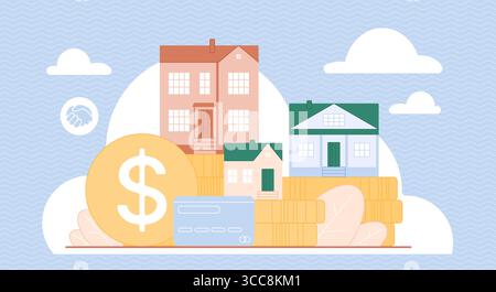Illustration representing the concept of real estate investment, home finance, mortgages, or property management, with houses, money, and payment card on blue pattern background. Stock Vector