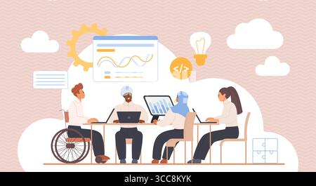 Diverse team working collaboratively on laptops at a table, with visual elements representing data analysis, coding, idea generation, and problem-solving in a modern, inclusive workspace. Stock Vector