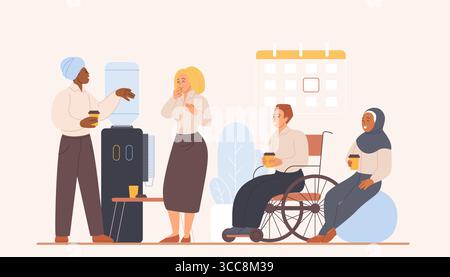 Diverse office colleagues taking a break together. Employees by water cooler and calendar, inclusive workspace concept. Vector illustration depicting accessibility and inclusion. Stock Vector