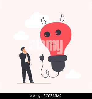 Bad idea, wrong information and error for business problem, solution management. Tiny businessman thinking about devil light bulb with red face to choose decision cartoon vector illustration Stock Vector