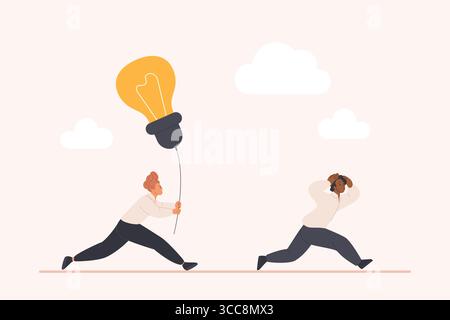 Share bad idea, wrong information and tips, troubles of business communication in negotiation. Tiny employee holding light bulb and running after colleague to catch up cartoon vector illustration Stock Vector