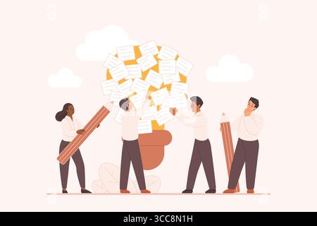 Ideation workshop, brainstorm on teamwork meeting for critical vision on innovation and smart conclusions. Tiny colleagues add many sticky notes to light bulb together cartoon vector illustration Stock Vector
