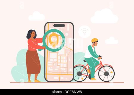 Parental control, kids games geolocation, navigation in mobile tracking app. Tiny mother holding magnifying glass to find child location on map of big smartphone screen cartoon vector illustration Stock Vector