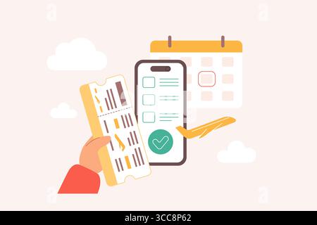 A cartoon man holding a ticket, with a suitcase, piggy bank, and globe with an airplane, showcasing the concept of travel planning, saving money for vacations, and global travel adventures. Stock Vector