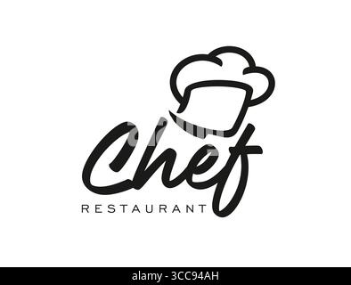 Chef cook icon. Vector minimalist black and white restaurant cooking and culinary label featuring toque hat above the elegant handwritten word chef and the word restaurant in modern sans serif type Stock Vector