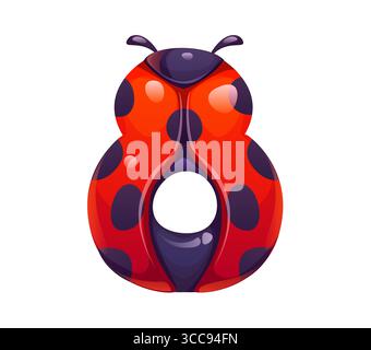 Ladybug insect cartoon font digit 8 eight. Red ladybird alphabet typeface number, spring lady bug vector kids ABC font digit. Cute ladybug beetle typeface numeral symbol or mathematics type figure Stock Vector