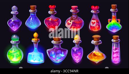 Wizard magic potion bottles, elixir and poison, vector game UI assets. Cartoon Halloween glass bottles, flasks, vials and jars of wizard potion and witch love elixir with magic mushrooms and hearts Stock Vector