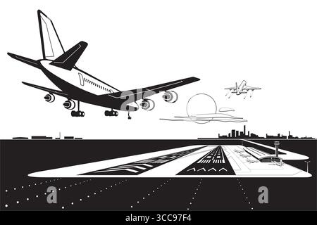 Airplanes landing and taking off on two runways airport – vector illustration Stock Vector