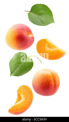 falling apricots with slices and leaves isolated on white background. Stock Photo