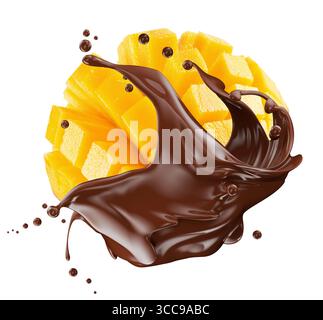 mango cube slices in chocolate splash isolated on a white background. Stock Photo