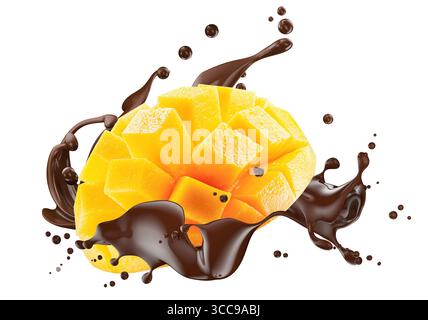 mango cube slices in chocolate splash isolated on a white background. Stock Photo