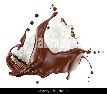 coconut with flakes in chocolate splash isolated on a white background. Stock Photo