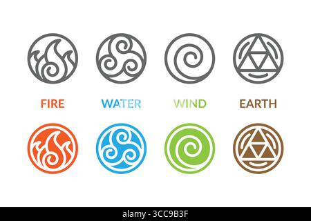 Elemental symbols represent fire, water, wind, and earth. Stock Vector
