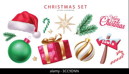 Christmas Vector Elements Set with Greeting Text, Santa Hat, Candy Cane, Christmas Balls, Pine Branch, Stars and Snowy arrow Perfect for Holiday Desig Stock Vector
