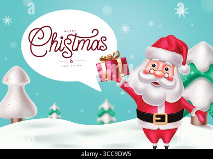 Santa Claus Holding Gift Box with Merry Christmas Greeting in Snowy Winter Background Stock Vector
