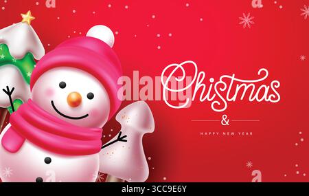 Christmas Snowman Illustration with Pink Scarf, Holiday Trees, and Snowflakes on Red Winter Theme Stock Vector