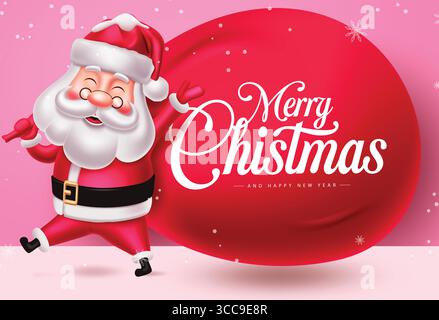 Merry Christmas greeting text printed in red sack pulling by Santa Claus character Stock Vector
