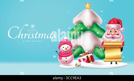 Joyful Christmas Clipart Featuring Santa Claus, Snowman, Decorated Tree, and Wrapped Gift Surprises Stock Vector