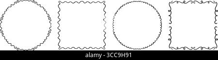 Hand drawn wavy frame set. Black square and circle ribbon border collection. Vector doodled lace cadre frames. Curved squiggly border pack for invitation, wedding party, birthday, greeting card design Stock Vector