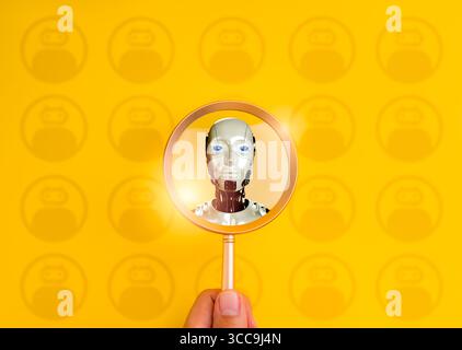 Agentic AI, AI Agent, machine learning, digital transformation and future technology development concept. 3d Robotic humanoid robot in magnifying glas Stock Photo