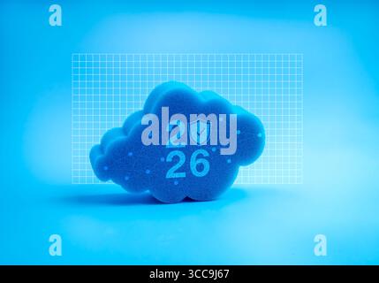2026 calendar number and safety shield icons on blue cloud storage on grid pattern background. Cyber security, future data protection, digital cloud i Stock Photo