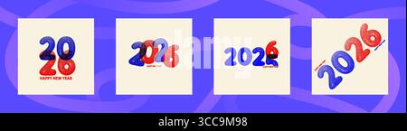 Bold 3D 2026 Happy New Year typography in red and blue halftone texture. Retro-inspired vector design on light background. Perfect for seasonal Stock Vector