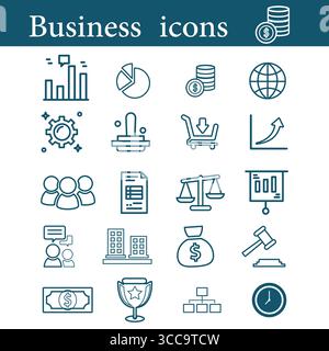 This comprehensive illustration features a collection of business-themed icons, including charts, gears, a globe, scales, and more. Stock Vector