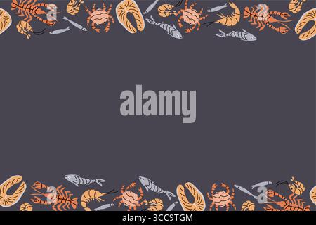 Colorful seafood pattern with fish, lobsters, crabs, shrimps, and lemon slices on dark background. Stock Vector