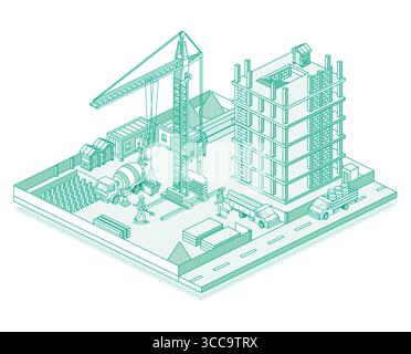 Construction site with crane and skyscraper. Process of building a multi-storey building. Vector illustration in outline style. Stock Vector