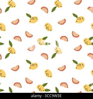 Seamless pattern of lemons and orange slices with green leaves on white background. Stock Vector