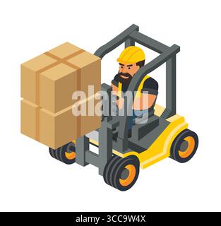 Isometric forklift with driver transporting stacked cardboard boxes. Industrial cargo handling and warehouse logistics illustration. Vector. Isolated Stock Vector