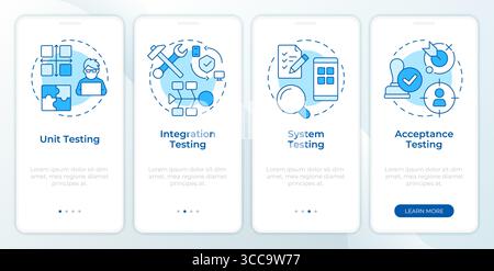 Software testing types blue onboarding mobile app screen Stock Vector