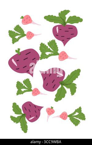 Colorful radish and turnip pattern with green leaves on white background. Contemporary minimal vegetable poster with bright colors. Modern vertical de Stock Vector