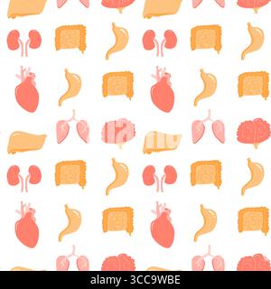 Seamless medical pattern with human organs - liver, heart, lungs, stomach, intestines, and brain. Concept of anatomy, healthcare education, medical re Stock Vector