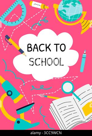 Colorful educational poster with tools and supplies. Back to school poster featuring books, pencils, and vibrant school items. Ideal for school promot Stock Vector