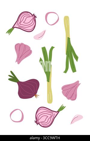Colorful pattern of onions and leeks on white background. Contemporary minimal vegetable poster with bright colors. Modern vertical design. Stock Vector